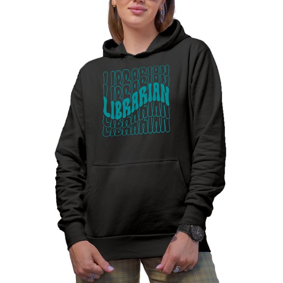 Librarian, Library Themed, Groovy Retro Wavy Text Merch Gift, Black Hooded Sweatshirt or Hoodie, Small