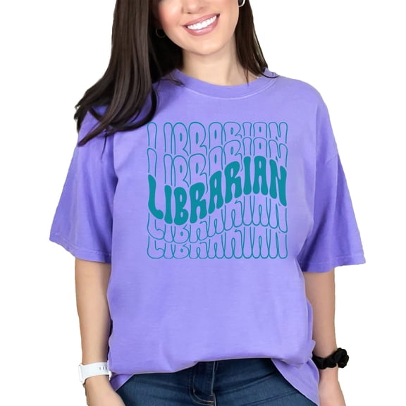 Librarian, Library Themed, Groovy Retro Wavy Text, Violet Comfort Colors T-Shirt, 3XL