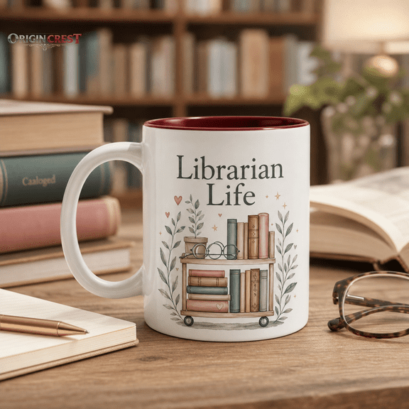 Librarian Life Personalized Mug with Book Cart Design for Library Staff Gift