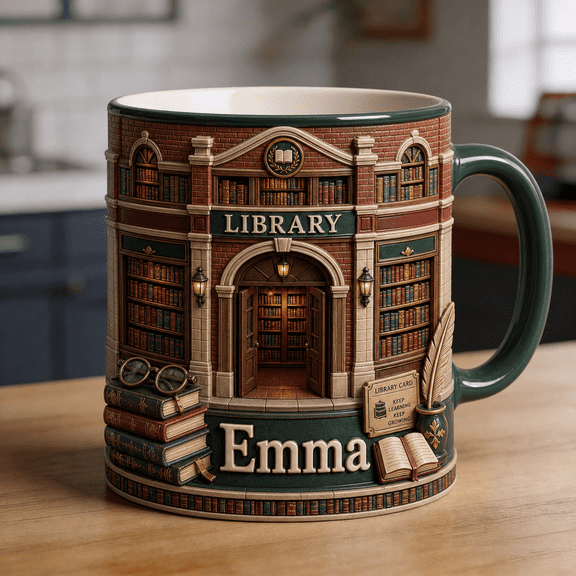 Librarian Mug 3D Effect Personalized Library Bookshelves Coffee Cup for Book Lovers