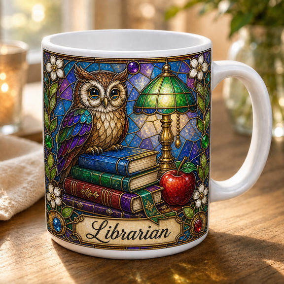 Librarian Mug Personalized Teacher Coffee Cup with Wise Owl Stained Glass Design