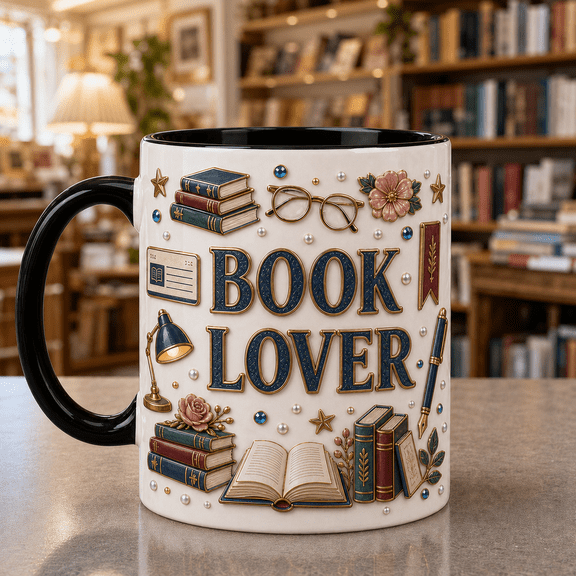 Librarian Ceramic Coffee Mugs with Stacked Books & Reading Glasses, Book Lover Gift 11 oz 15 oz