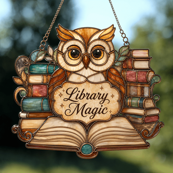 Librarian Suncatcher Acrylic Library Magic Owl with Books Gift for Book Lovers