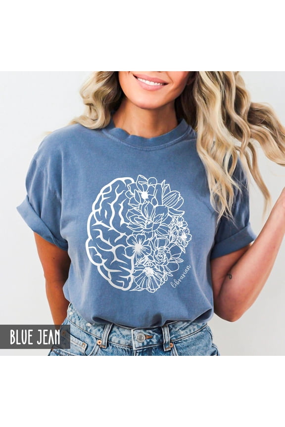 Librarian tshirt Floral Brain Wildflower Reading outfit School Library Team shirt Retro Bo