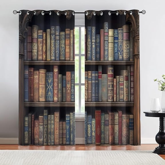 Library Blackout Curtains, Mid-Century Window Curtain for Bedroom Living Room, Vintage Bookshelf Pattern Home Decor, Grommet Top Easy Care 42"W x 63"L (Pack of 2)