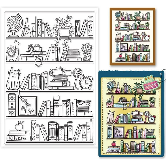 Library and Bookcases Clear Stamp Bookshelf Plant Cat Greeting Card Silicone Clear Stamp Read Book Transparent Stamps for Scrapbook Journal Card Making for DIY