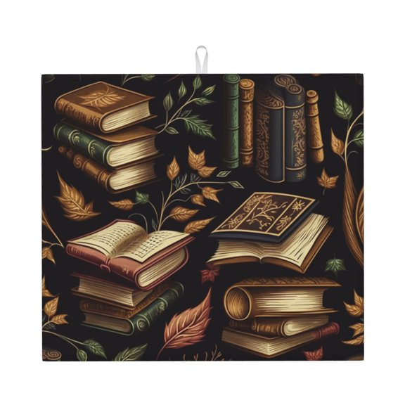Library Books Magic Book Kitchen Drying Mat 18x16 Inch Ultra Absorbent Countertop Mat Foldable with Hanging Loop