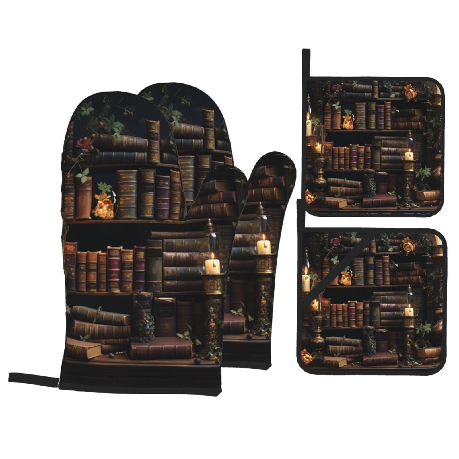 Library Books Magic Vintage Art 4Pcs Oven Mitts and Pot Holders Sets Oven Kitchen Gloves Hot Pads for Cooking BBQ Baking Grilling