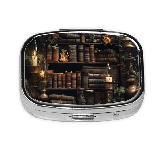 Library Books Magic Vintage Art Square Pill Box 2 Compartment Pill Case Medicine Organizer Decorative Gift for Purse Pocket
