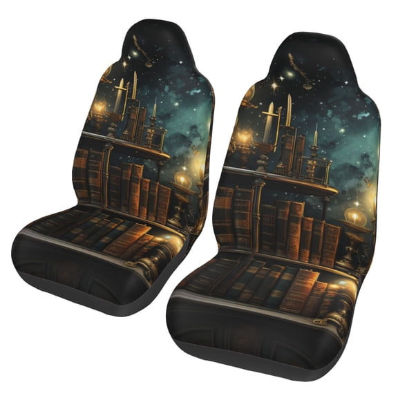 Library Books Magic Vintage Starry Car Seat Cover 2 Pcs Auto Front Bucket Seats Protector Cushion Universal Vehicle Truck SUV