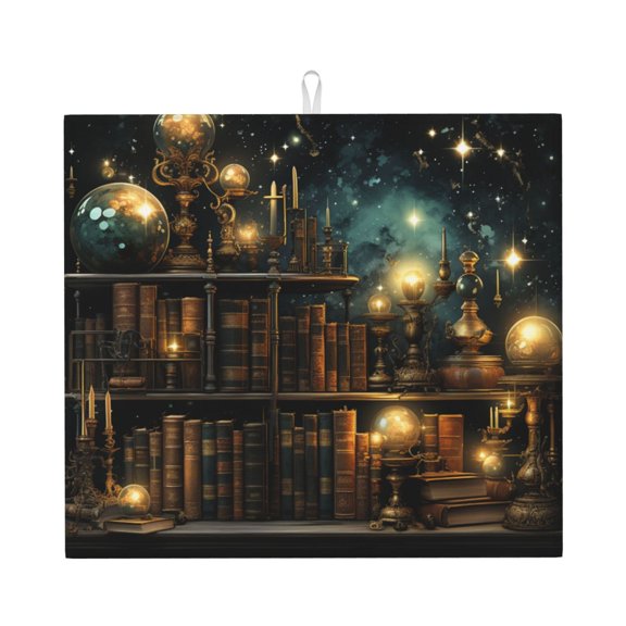 Library Books Magic Vintage Starry Kitchen Drying Mat 18x16 Inch Ultra Absorbent Countertop Mat Foldable with Hanging Loop