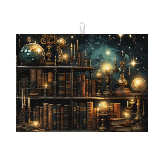 Library Books Magic Vintage Starry Large Kitchen Drying Mat 18x24 Inch Ultra Absorbent Dish Drying Mats Foldable Countertop Protector
