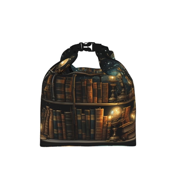 Library Books Magic Vintage Starry Roll-Top Insulated Lunch Bag, Adjustable Capacity Thermal Meal Prep Tote Leakproof for Office Work, Travel
