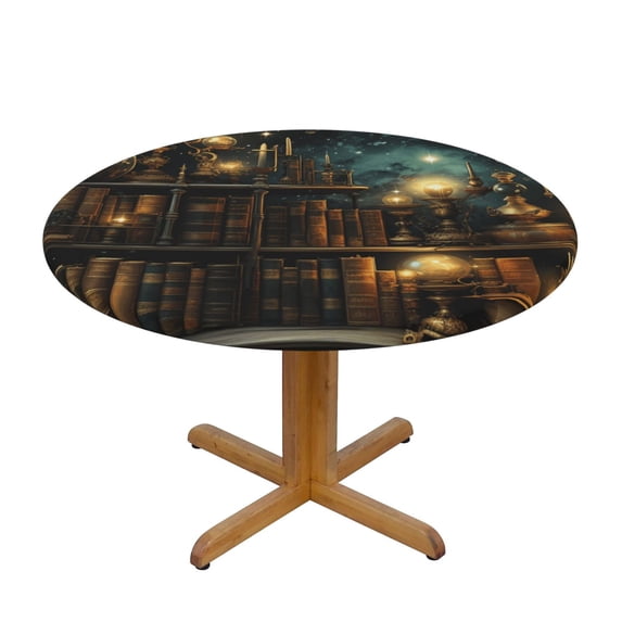 Library Books Magic Vintage Starry Round Fitted Tablecloth Elastic Edged Table Cloth Waterproof Table Cover 48in