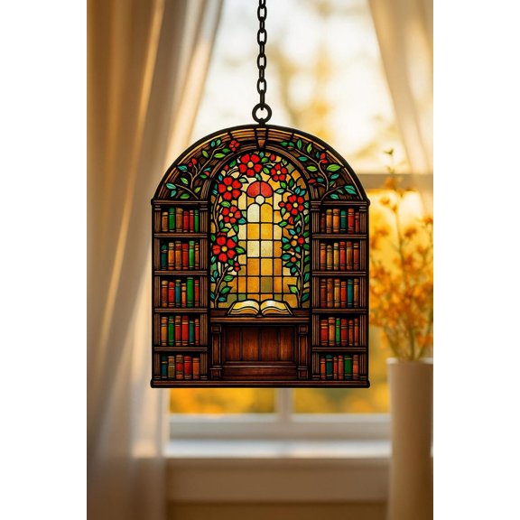 Library Bookshelf Acrylic Suncatcher, Faux Stained Glass Book Window Panel, Dark Academia Book Decor, Vintage Reading Nook Ornament