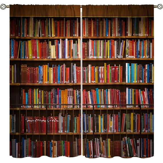 Library Bookshelf Curtains, Retro Educational Book Curtains, Bookable Privacy Shelf Printed Pattern Curtains, Suitable for Kitchen, Bedroom, Living Room Shading Curtain Set, 55x63 Inches, 2 Panels