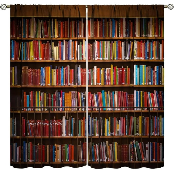 Library Bookshelf Curtains, Retro Educational Book Curtains, Bookable Privacy Shelf Printed Pattern Curtains, Suitable for Kitchen, Bedroom, Living Room Shading Curtain Set, 84x84 Inches, 2 Panels