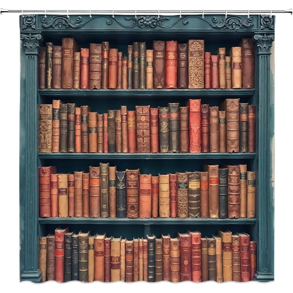Library Bookshelf Shower Curtain Vintage Books Literature Study Educational Blue Wooden Bookcase Reading Fabric Bathroom Decor Curtain with Hooks-36"W x 72"L (Pack of 1)