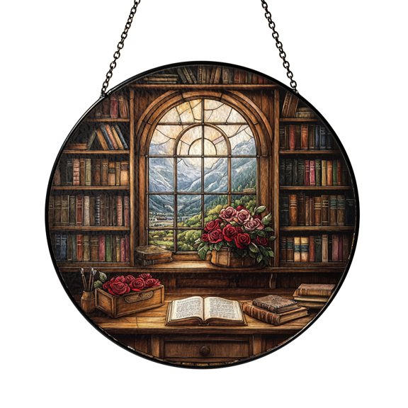 Library Bookshelf Stained Glass Round Suncatcher – Open Book and Roses Vintage Window Panel, Reading Room Decor Gift for Book Lovers