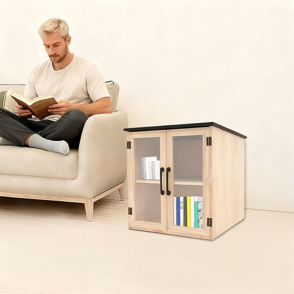 Library Box Double Door Wooden Book Cabinet 2 Tier Pine Wood with Acrylic Windows Modern Design 18.5 Inch Cube for Home Office Storage