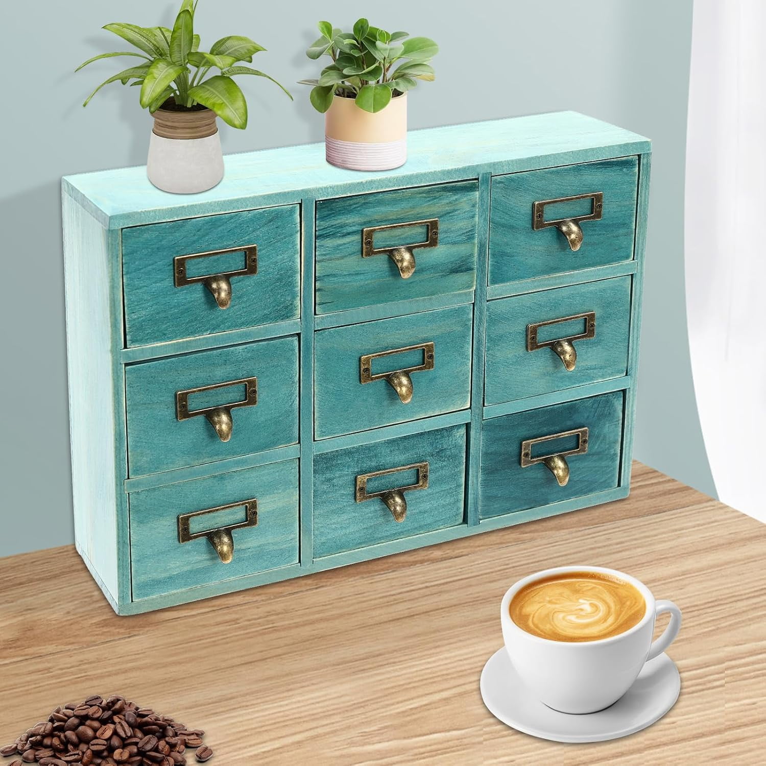 Library Card Catalog Cabinet Card Catalog Drawer Box Apothecary Cabinet with 9 Drawers-Storage Cabinet Wood Desk Organizer, Craft Cabinet for Medicine, Jewelry, Crafts, Makeup (Blue )
