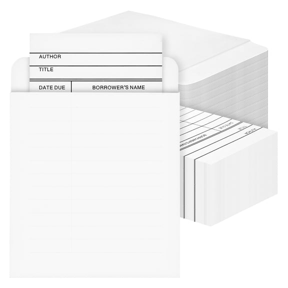 Library Card Pockets with Adhesive Backing & Due Date Cards - 200 Pieces (3 x 5 in), White, Letter Print - Checkout Slips & Book Pockets for School & Home Use