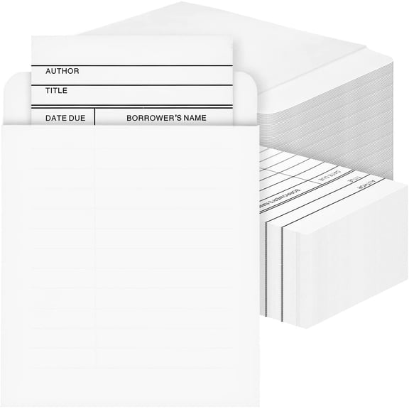 Library Card Pockets with Adhesive Backing & Due Date Cards - 200 Pieces (3 x 5 in), White, Letter Print - Checkout Slips & Book Pockets for School & Home Use