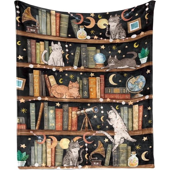 Library Cat Blanket Gifts for Girls, Book Lovers Gifts for Women, Cat Lover Gifts, Cats Christmas Thanksgiving Birthdat Gift for Women Mom Daughter Sister, Cats Decor for Room, Kitten Blanket 50"X60"