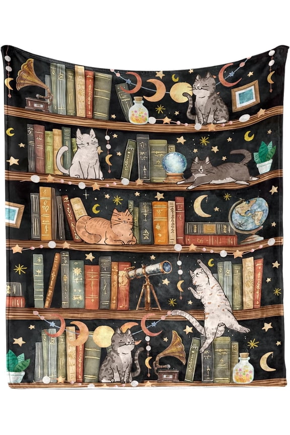 Library Cat Blanket Gifts for Girls, Book Lovers Gifts for Women, Cat Lover Gifts, Cats Christmas Thanksgiving Birthdat Gift for Women Mom Daughter Sister, Cats Decor for Room, Kitten Blanket 50"X60"