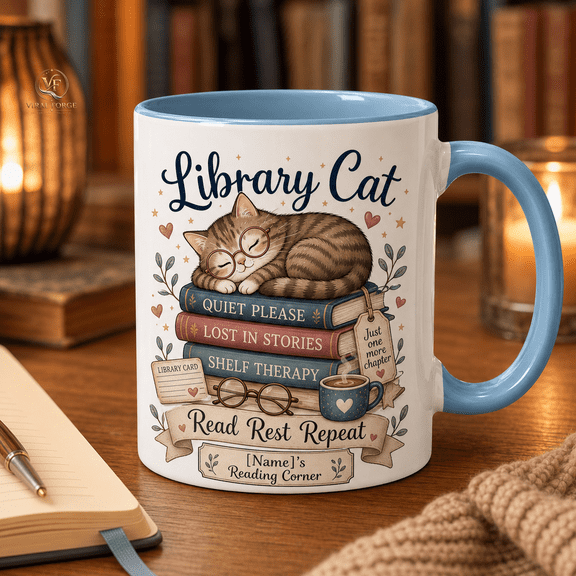Library Cat Mug 11oz & 15oz Personalized Reading Corner Gift for Book Lovers