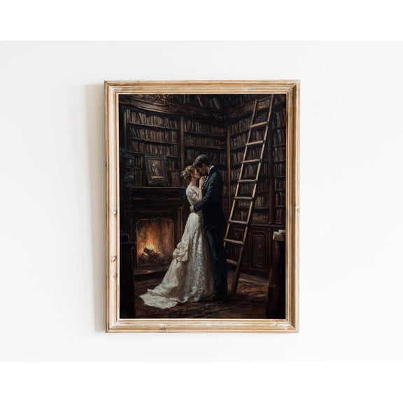 Library Couple,Baroque Wall Art,Goth Moody Dark Academia,Renaissance Art Posters,Dark Moody Antique,Victorian Woman,Vintage Library Scene, F038.8, 8x12 UNFRAMED