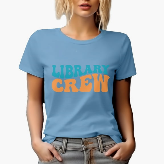Library Crew, Librarian Themed, Groovy Retro Wavy Text Merch Gift, Baby Blue T-Shirt, Small