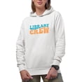 thumbnail image 1 of Library Crew, Librarian Themed, Groovy Retro Wavy Text Merch Gift, White Hooded Sweatshirt or Hoodie, Small, 1 of 5