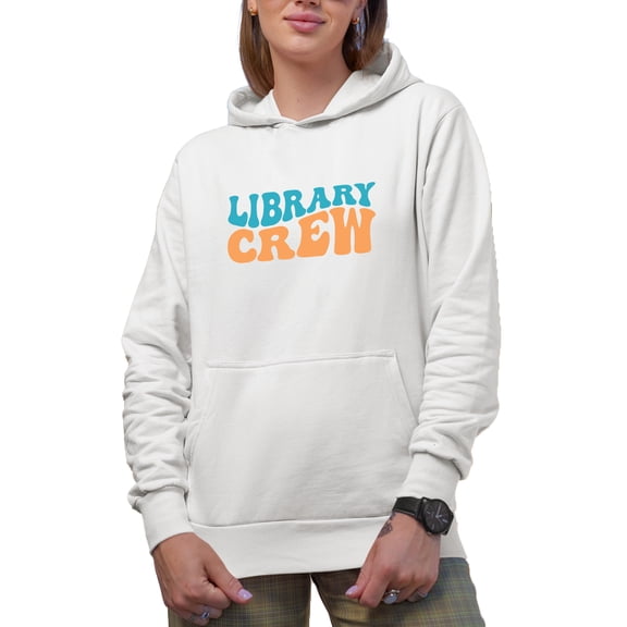 Library Crew, Librarian Themed, Groovy Retro Wavy Text Merch Gift, White Hooded Sweatshirt or Hoodie, Small