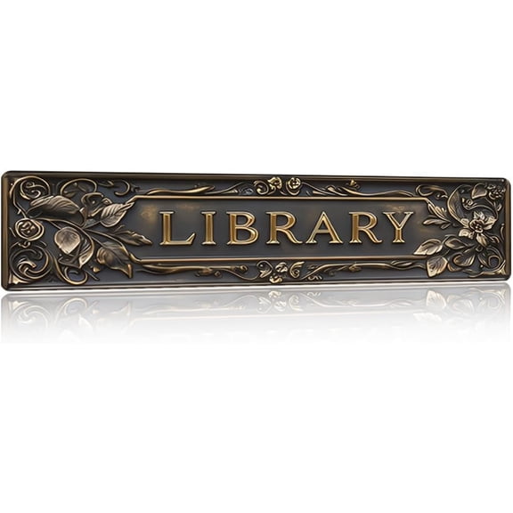 Library Decorative Aluminum Wall Sign, Ornate Bronze Metal Wall Decor with Floral Scrollwork, 4 x 16 Inch