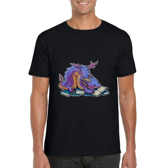 Library Dragon Reading Lover Bookworm Fantasy Mythical T-Shirt, for men & women, up to size 5XL