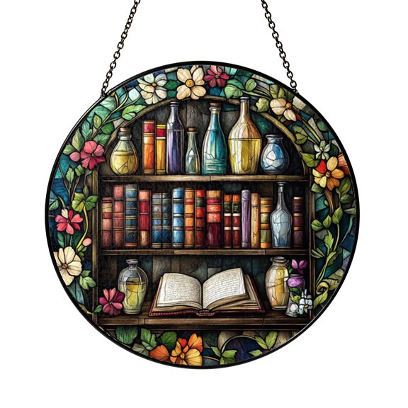Library Interior Scene Round Suncatcher – Stained Glass Style Window Decoration