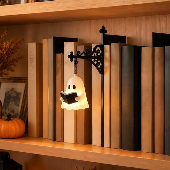 Library Lantern Bookshelf Lamp, Ghost Reading Lamp with Warm LED Nightlight, Mini Nook Light for Bookshelf, Portable Table Desk Luminaire, Hanging Bookshelf Decor for Book Lovers
