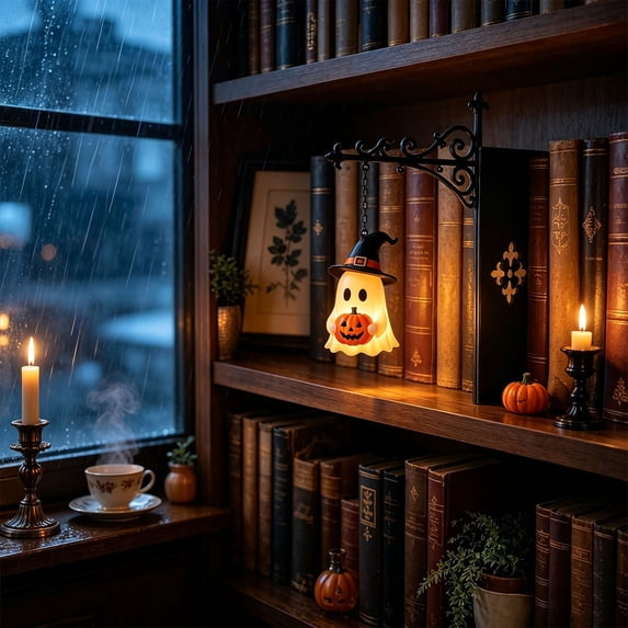 Library Lantern-Decorative Bookshelf Lighting,Mini Bookshelf Lamp Between Books,Warm Amber LED Nook Light for Book Nook,Shelf Decor Gift for Book Lovers(Ghost Holding Pumpkin)