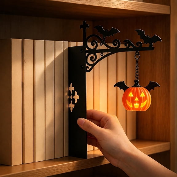 Library Lantern-Decorative Bookshelf Lighting, Mini Bookshelf Lamp Slides Between Books for Hidden Display, Warm Amber LED Lights for Book Nook, Shelf Decor Gift for Book Lovers (Pumpkin Lantern)