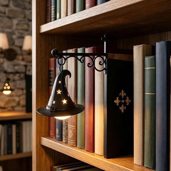 Library Lantern Decorative Bookshelf Lamp, Vintage LED Book Nook Light, Portable Table Desk Luminaire for Bookworms,Witch's hat 1Pc