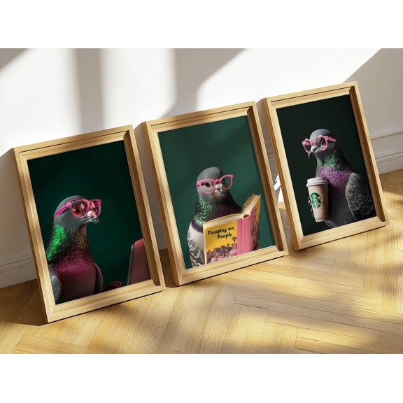 Library Pigeon Print Set Reading Nook Wall Art Quirky Bird Animal Art Set 3 Stretched Canvas 8x12