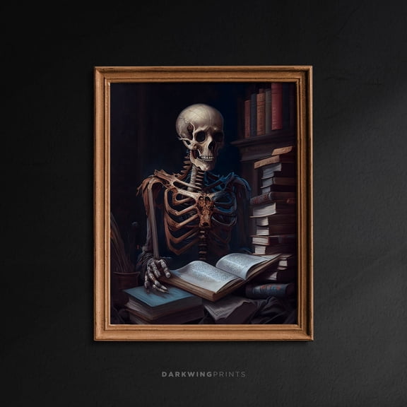 Library Portrait, Gothic Skull Wall Art, Dark Cottagecore Room Decor, Dark, Books Goth Decor, Vintage Aesthetic / G57 Home Decor #1943, 8x12 UNFRAMED