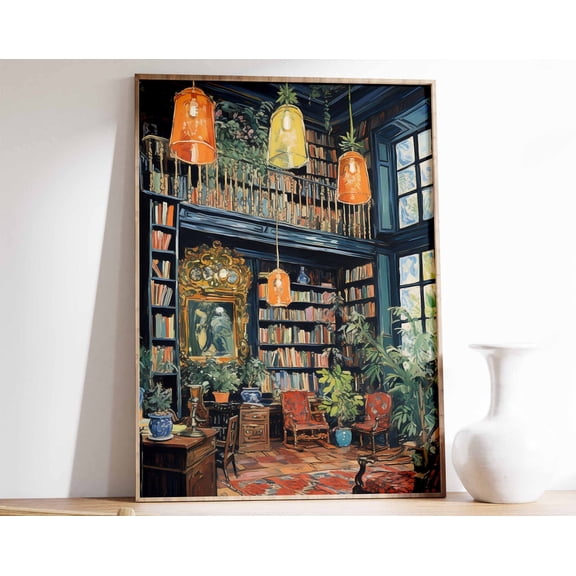 Library Poster Bookshop Scene Retro Wall Art