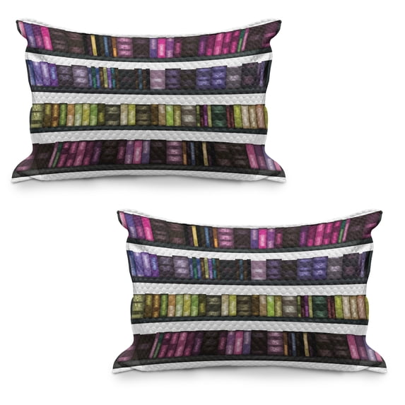 Library Quilted Pillowcover Set of 2, Digitally Illustrated Shelves with Colorful Books Monotone Order Knowladge Themed, Standard Queen Size Pillow Cover Bedroom, 36" x 20", Multicolor, by Ambesonne