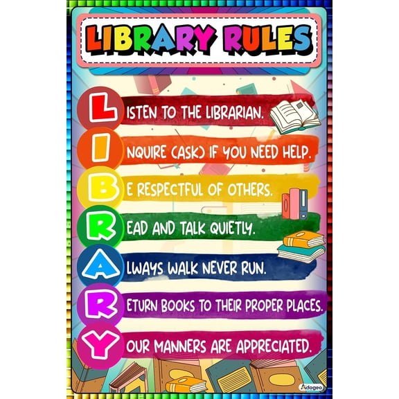 Library Rules Poster - Colorful Educational Posters Classroom Wall Art for Kids - Classroom Rules Posters for Elementary, Middle, and High School - Perfect for Home, School