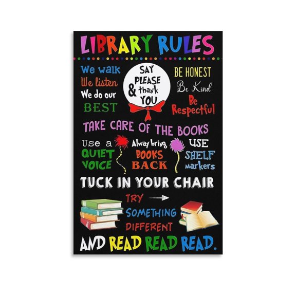 Library Rules Reading Wall Art Poster Bedroom (7) Prints Home Decor Hanging Picture Canvas