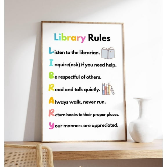 Library Rules School Library Librarian Classroom Decor Educational Art, Unframed Paper Poster 11x14in