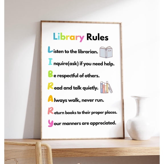 Library Rules School Library Librarian Classroom Decor Educational Art Unframed Paper Print