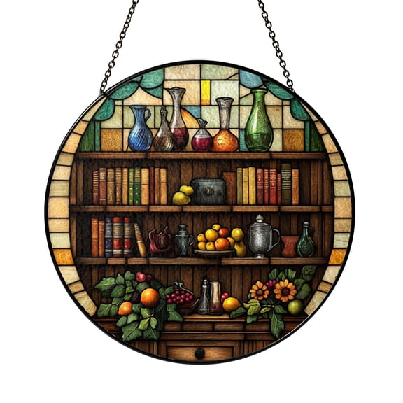 Library Scene Window Suncatcher – Decorative Glass Style Book Art